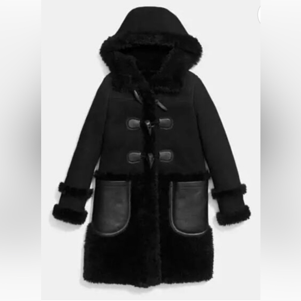 Coach Fall 2015 RTW Shearling Sheepskin & Leather Hooded Duffle Coat Large Flaw - Picture 2 of 16